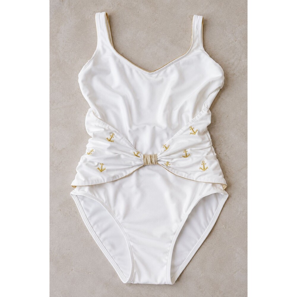 Vintage 80s Rose Marie Reid One Piece Swimsuit Cream Gold Anchor Nautical USA 10